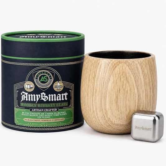 AMYSMART Light Wood Charred wooden whiskey cup beside its cylindrical gift tube