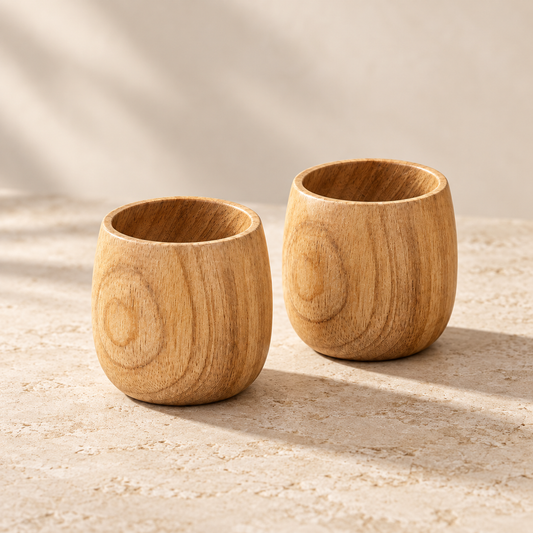 Two AMYSMART Original wooden whiskey cups with natural wood interiors on a pale stone surface