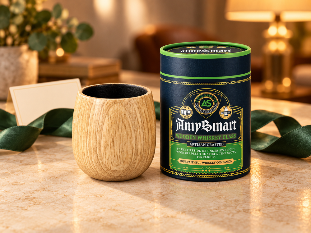 Light Wood Charred wooden cup with AMYSMART gift tube, styled for giving